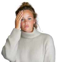 Young woman in cozy sweater with hand on forehead, transparent background png