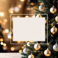 Christmas card, beautifully decorated Christmas tree with gold and silver ornaments, space for text photo