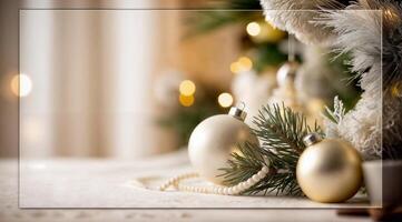 Minimalist Christmas card white and gold color palette, ornaments, pine branches, and soft lighting. photo