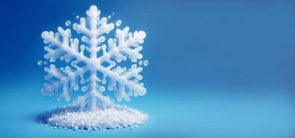 One big beautiful white snowflake set in pile of white snow on blue background with space for text photo