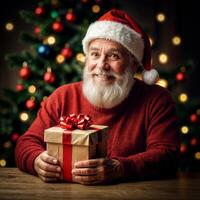 Man in Santa Claus hat with gray beard in red sweater smiling and holding gift box with red ribbon photo