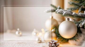 Minimalist Christmas card white and gold color palette, ornaments, pine branches, and soft lighting. photo