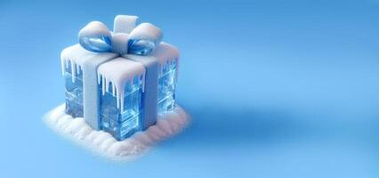 Big square gift made of ice with blue ribbon under layer snow on blue background with space for text photo