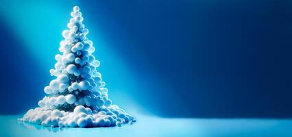 White fluffy Christmas tree without decorations under snow on blue background with space for text photo