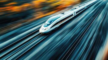 Sleek train on modern track, speed and technology from above. Aerial view train passing through photo
