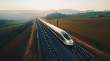 Futuristic railway with high-speed train, dynamic aerial perspective. Aerial view train passing through photo