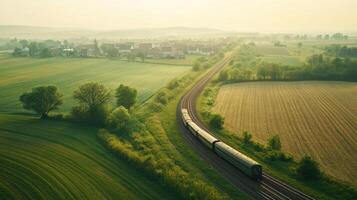 Train in calm agricultural landscape, serene aerial countryside. Aerial view train passing through photo