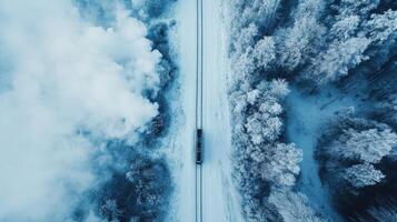 Snowy forest and fields with train, aerial winter travel scene. Aerial view train passing through photo