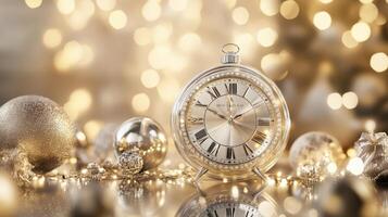 Gold and silver countdown clock, opulent New Year decor. Christmas, New Year's Eve photo