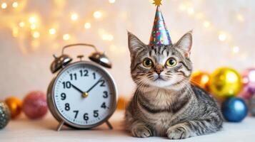 Adorable cat with countdown clock, festive New Year's Eve charm. Christmas, New Year's Eve photo