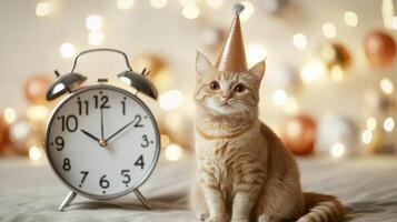 Countdown to midnight with a cute cat, festive decorations and charm. Christmas, New Year's Eve photo