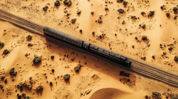 Train journey through sand dunes, aerial view of arid environment. Aerial view train passing through photo