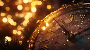 Festive clock with intricate textures, lifelike midnight countdown scene. Christmas, New Year's Eve photo