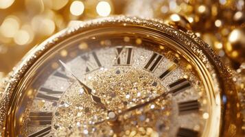 Sparkling clock in opulent setting, elegant New Year celebration. Christmas, New Year's Eve photo