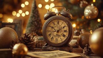 Vintage countdown clock with retro holiday decor, nostalgic New Year's Eve. Christmas, New Year's Eve photo