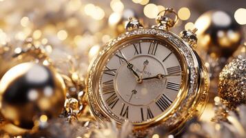 Elegant metallic clock with glowing lights, grand festive ambiance. Christmas, New Year's Eve photo