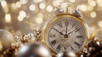 Luxurious gold and silver countdown clock, shimmering New Year's celebration. Christmas, New Year's Eve photo