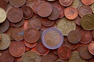 Background texture of a Close-Up of Euro Coins in Various Denominations photo