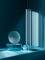 Minimalist abstract composition with floating glass shapes and a blue gradient background, evoking elegance and modernity. photo