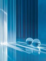 Abstract minimalist design with glass spheres on a glossy blue surface, emphasizing elegance, light, and symmetry. photo