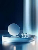 A blue minimalist abstract scene with a transparent disk, glass spheres, and glowing blue vertical lights, perfect for product display or as a background. photo