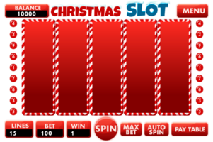 Casino slot machine, game UI design, gambling mobile app concept for the Christmas or candy themed Casino Game. The Christmas slot game user interface with basic buttons in red color png