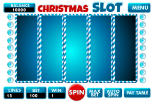 Casino slot machine in blue color, game UI design, gambling mobile app concept for the Christmas or candy themed Casino Game. The Christmas slot game user interface with basic buttons. png