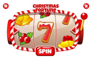 Christmas fortune, SLOT machine interface with Christmas icons. Banner with candy slot machine and Gingerbread 7, berry and golden bells slot symbols for your games. png