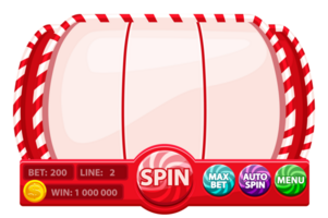 Casino slot machine, game UI design, gambling mobile app concept for the Christmas or candy themed Casino Game. The slot game user interface with basic buttons. png