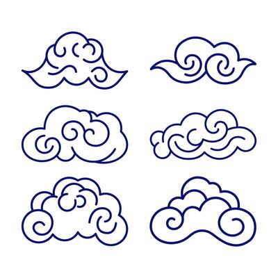 Set of Chinese Japanese Style Cloud Cloudy Nature Line Outline Decoration in the Sky