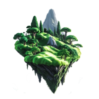 Flying paradise rock fantasy floating island with mountains, trees, and green grass png