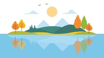 River Lake Nature Scenery with Hill Mountain and Sun in Bright Sky in Autumn Fall Season vector