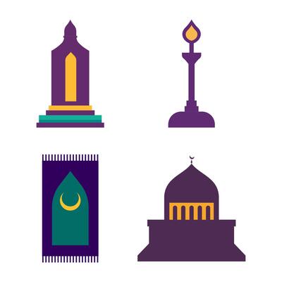 Islamic Symbol Elements Set of Mosque Dome Minaret Building Mat Pray in Ramadan Theme