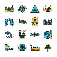 Filled Line Art Icon Set of Global Warming Factory Waste Pollution Nature World vector