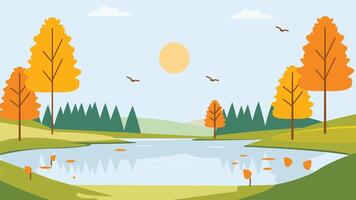River Lake Nature View with Sun in Bright Sky in Autumn Fall Season vector