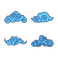 Set of Chinese Japanese Style Blue Cloud Wind Nature Line Outline Decoration in the Sky vector