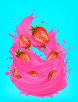 Strawberry juice splash, realistic Ripe sweet red berries n, Gradient Mesh vector