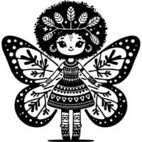 Friendly Forest Fairy with butterfly wings on her back in monochrome. Love and protection of nature. Simple minimalistic in black ink drawing on white background vector