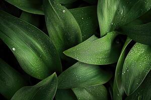 Lush Green Leaves with Dew Drops Nature Background photo