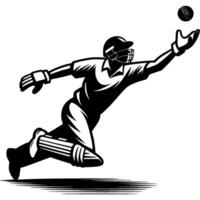 Athletes cricket defender catches flying ball in fall in monochrome. Simple minimalistic in black ink drawing on white background vector
