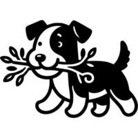 Young puppy found a branch and carries it to his owner in his teeth in monochrome. Simple minimalistic in black ink drawing on white background vector