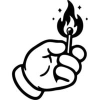 Hand holding a lit burning match in monochrome. Careful handling of matches and fire. Simple minimalistic in black ink drawing on white background vector