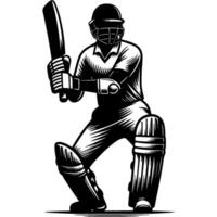 Cricketer wearing protective gear prepares to bat an opponent ball in monochrome. Simple minimalistic in black ink drawing on white background vector