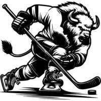 Huge buffalo bull rushes in hockey gear to attack an opponent in monochrome. Simple minimalistic in black ink drawing on white background vector