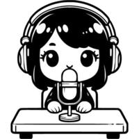 Brunette girl radio DJ behind microphone in monochrome. Simple minimalistic in black ink drawing on white background vector