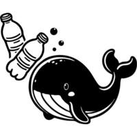 Baby whale pushes plastic bottles to surface of littered ocean in monochrome. Simple minimalistic in black ink drawing on white background vector