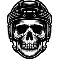 Human skull wearing protective hockey helmet front view in monochrome. Simple minimalistic in black ink drawing on white background vector
