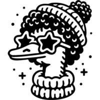Portrait of an emu wearing a teenage beanie and scarf in monochrome. Simple minimalistic in black ink drawing on white background vector