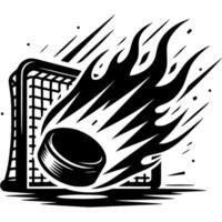 Hockey puck flies into opponent goal leaving fiery trail in monochrome. Simple minimalistic in black ink drawing on white background vector