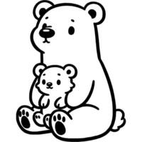 Polar bear cub sits in arms of its mother bear in monochrome. Simple minimalistic in black ink drawing on white background vector